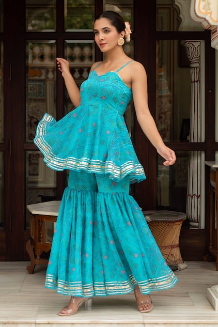 Pomcha Jaipur_Blue Georgette Gota Patti, Galiyan Bandhej Pattern Peplum Kurta Sharara Set _Online_at_Aza_Fashions
