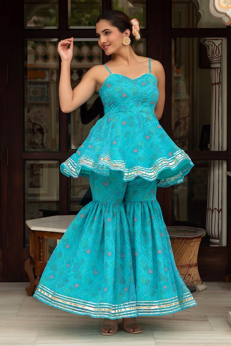 Buy_Pomcha Jaipur_Blue Georgette Gota Patti, Galiyan Bandhej Pattern Peplum Kurta Sharara Set _Online_at_Aza_Fashions