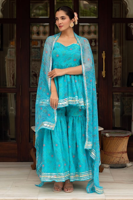 Shop_Pomcha Jaipur_Blue Georgette Gota Patti, Galiyan Bandhej Pattern Peplum Kurta Sharara Set _Online_at_Aza_Fashions