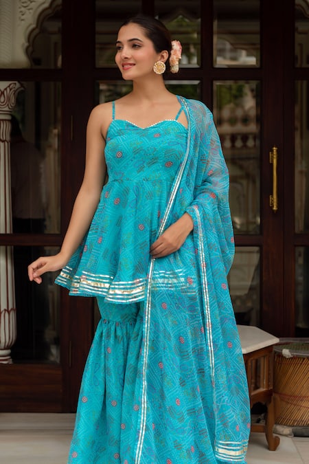 Pomcha Jaipur_Blue Georgette Gota Patti, Galiyan Bandhej Pattern Peplum Kurta Sharara Set _at_Aza_Fashions
