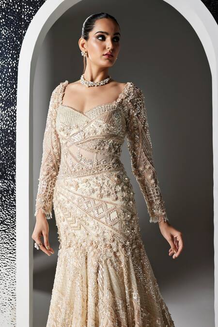 Buy_Opus Atelier_Ivory Tulle, Net, Satin Beads, Sequins Sweetheart Neck Aurelle Embroidered Gown _Online_at_Aza_Fashions
