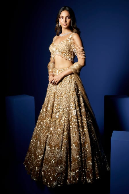 Opus Atelier_Gold Net, Tulle Sequins, Beads, Embroidery, Metallic Thread Cielo Lehenga Set _Online_at_Aza_Fashions