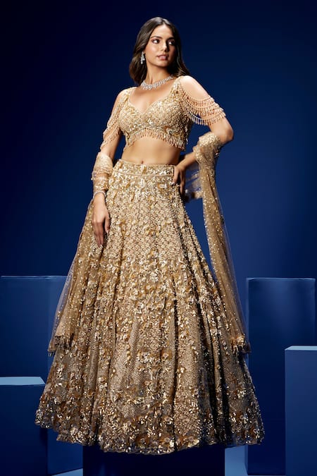 Opus Atelier Gold Net, Tulle Sequins, Beads, Embroidery, Metallic Thread Cielo Lehenga Set 