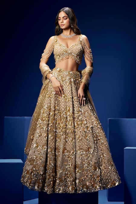Shop_Opus Atelier_Gold Net, Tulle Sequins, Beads, Embroidery, Metallic Thread Cielo Lehenga Set _at_Aza_Fashions