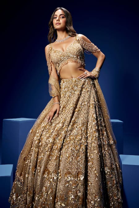Opus Atelier_Gold Net, Tulle Sequins, Beads, Embroidery, Metallic Thread Cielo Lehenga Set _at_Aza_Fashions