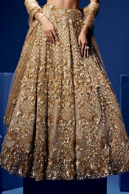 Buy_Opus Atelier_Gold Net, Tulle Sequins, Beads, Embroidery, Metallic Thread Cielo Lehenga Set 