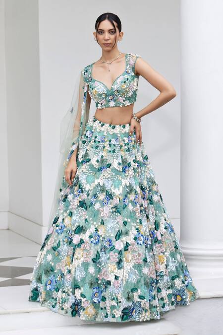 Opus Atelier_Green Tulle, Net Embroidery, Sequins Sweetheart Neck Floral Lehenga Set _Online_at_Aza_Fashions