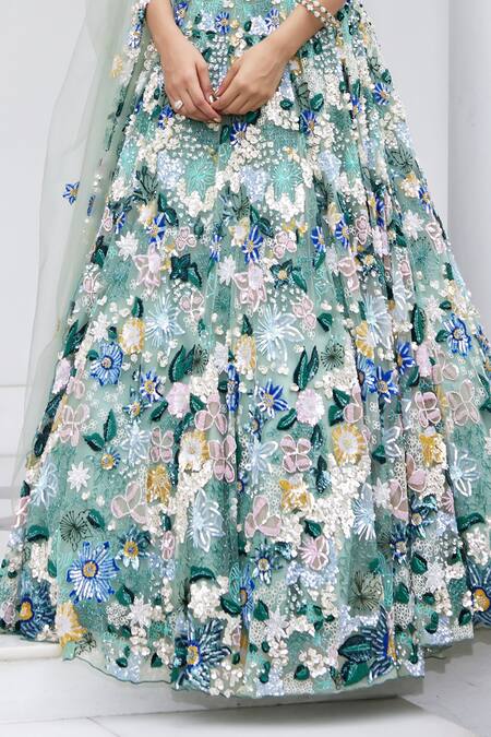 Shop_Opus Atelier_Green Tulle, Net Embroidery, Sequins Sweetheart Neck Floral Lehenga Set _Online_at_Aza_Fashions
