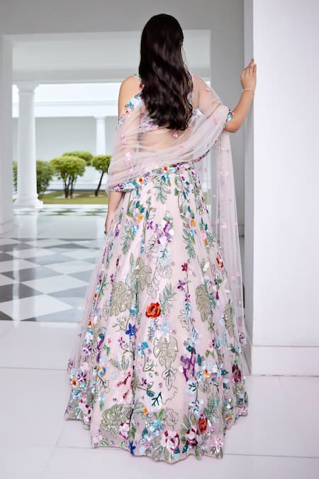 Shop_Opus Atelier_Pink Net, Tulle Sequins, Embroidery Sweetheart Neck Lehenga Set _at_Aza_Fashions