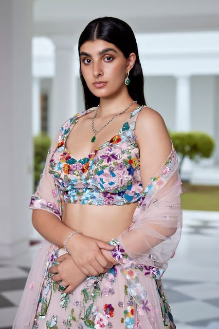 Opus Atelier_Pink Net, Tulle Sequins, Embroidery Sweetheart Neck Lehenga Set _Online_at_Aza_Fashions