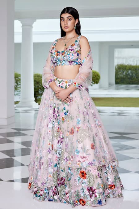 Opus Atelier Pink Net, Tulle Sequins, Embroidery Sweetheart Neck Lehenga Set 