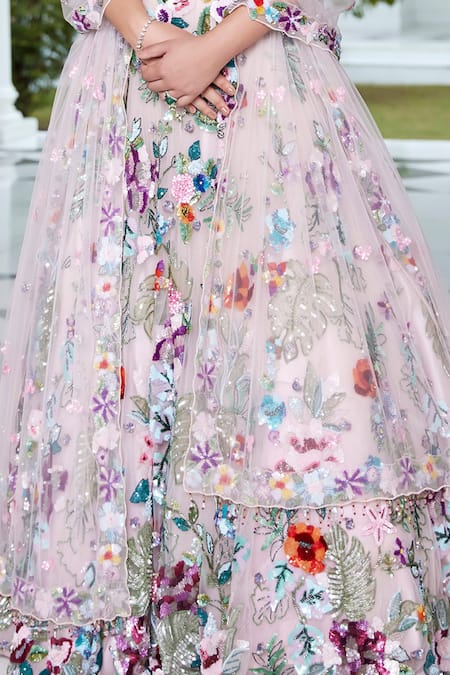 Shop_Opus Atelier_Pink Net, Tulle Sequins, Embroidery Sweetheart Neck Lehenga Set _Online_at_Aza_Fashions
