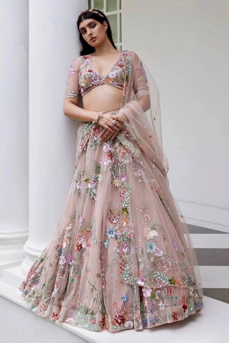 Opus Atelier Pink Net, Tulle Sequins, Embroidery V-neck Botanical Lehenga Set Online at Aza Fashions Opus Atelier_Pink Net, Tulle Sequins, Embroidery V-neck Botanical Lehenga Set _Online_at_Aza_Fashions