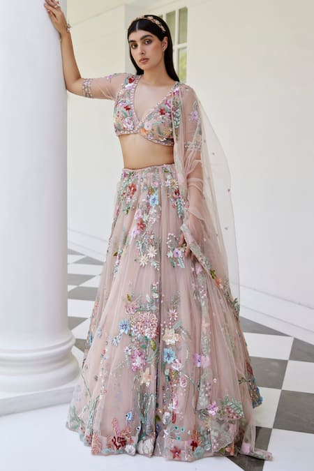 Opus Atelier Pink Net, Tulle Sequins, Embroidery V-neck Botanical Lehenga Set 
