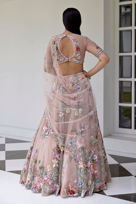 Shop Opus Atelier Pink Net, Tulle Sequins, Embroidery V-neck Botanical Lehenga Set at Aza Fashions Shop_Opus Atelier_Pink Net, Tulle Sequins, Embroidery V-neck Botanical Lehenga Set _at_Aza_Fashions