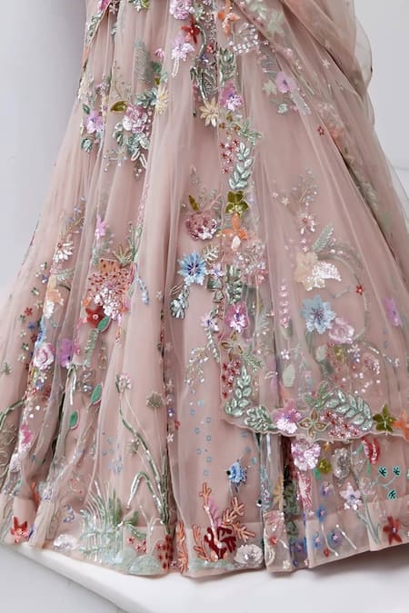 Buy Opus Atelier Pink Net, Tulle Sequins, Embroidery V-neck Botanical Lehenga Set Online at Aza Fashions Buy_Opus Atelier_Pink Net, Tulle Sequins, Embroidery V-neck Botanical Lehenga Set _Online_at_Aza_Fashions