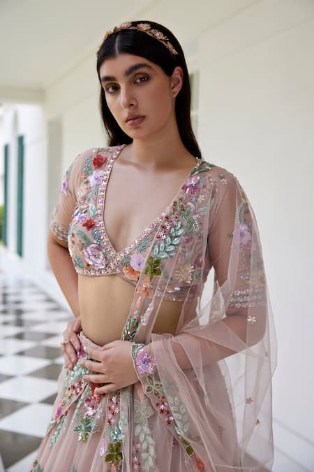 Shop Opus Atelier Pink Net, Tulle Sequins, Embroidery V-neck Botanical Lehenga Set Online at Aza Fashions Shop_Opus Atelier_Pink Net, Tulle Sequins, Embroidery V-neck Botanical Lehenga Set _Online_at_Aza_Fashions