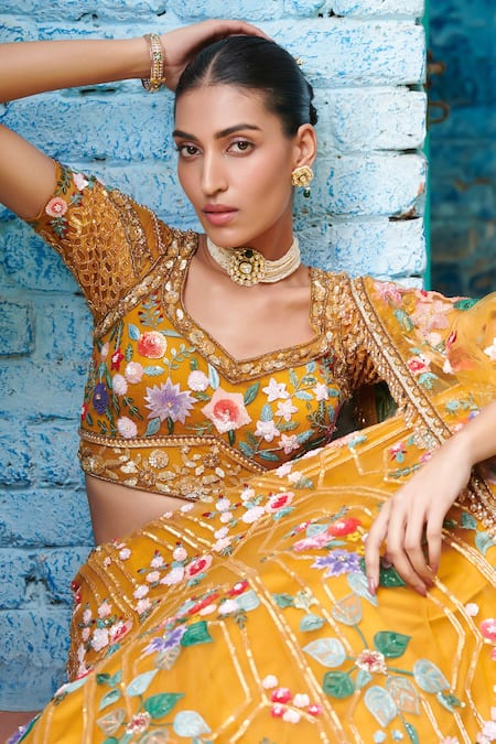 Opus Atelier Yellow Net, Tulle Embroidery, Sequins, Beads Multicolour Zion Lehenga Set Online at Aza Fashions Opus Atelier_Yellow Net, Tulle Embroidery, Sequins, Beads Multicolour Zion Lehenga Set _Online_at_Aza_Fashions