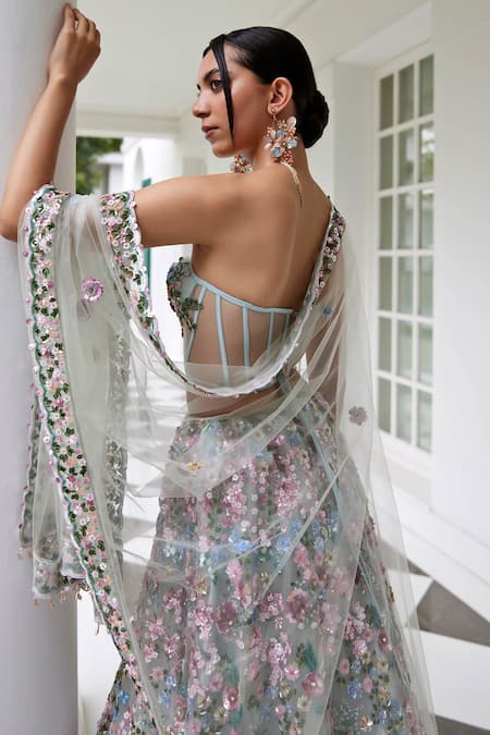 Buy_Opus Atelier_Aqua Tulle, Net Sequins, Embroidery Sweetheart Neck Lehenga Set _Online_at_Aza_Fashions