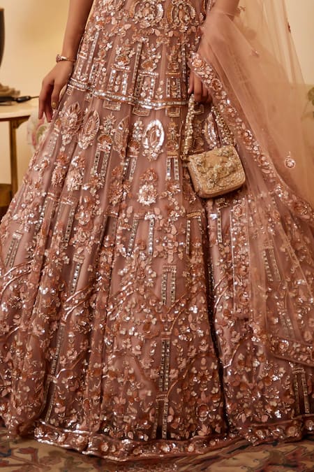 Shop_Opus Atelier_Peach Tulle, Net Mirrors, Embroidery, Sequins V-neck Lehenga Set _Online_at_Aza_Fashions