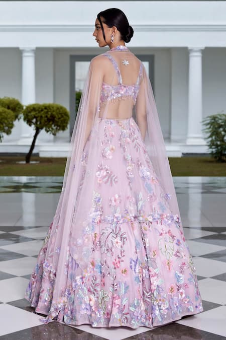 Shop_Opus Atelier_Purple Tulle, Net, Satin Sequins, Embroidery, Tassels, Beads Leaf Lehenga Set _at_Aza_Fashions