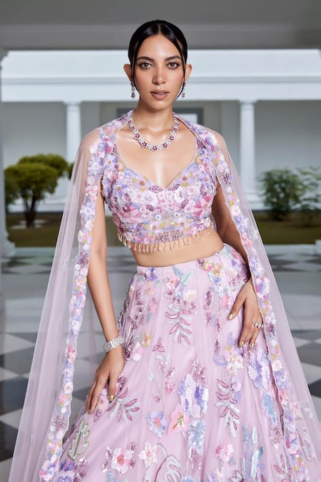 Opus Atelier_Purple Tulle, Net, Satin Sequins, Embroidery, Tassels, Beads Leaf Lehenga Set _Online_at_Aza_Fashions