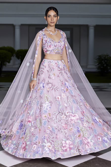 Opus Atelier Purple Tulle, Net, Satin Sequins, Embroidery, Tassels, Beads Leaf Lehenga Set 