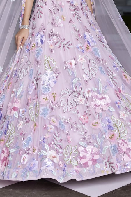 Buy_Opus Atelier_Purple Tulle, Net, Satin Sequins, Embroidery, Tassels, Beads Leaf Lehenga Set _Online_at_Aza_Fashions