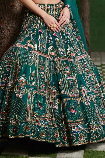 Opus Atelier_Emerald Green Net, Tulle Embroidery, Sequins, Geometric Pattern Lehenga Set _Online_at_Aza_Fashions
