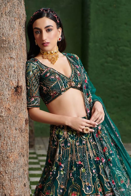 Buy_Opus Atelier_Emerald Green Net, Tulle Embroidery, Sequins, Geometric Pattern Lehenga Set _Online_at_Aza_Fashions