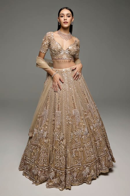 Opus Atelier_Gold Tulle, Net, Satin Sequins, Embroidery, Zari V-neck Megan Lehenga Set _Online_at_Aza_Fashions