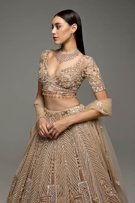 Buy_Opus Atelier_Gold Tulle, Net, Satin Sequins, Embroidery, Zari V-neck Megan Lehenga Set _Online_at_Aza_Fashions