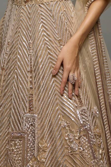Shop_Opus Atelier_Gold Tulle, Net, Satin Sequins, Embroidery, Zari V-neck Megan Lehenga Set _Online_at_Aza_Fashions