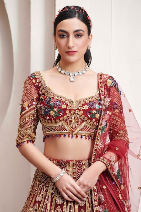 Opus Atelier_Red Tulle, Net Embroidery, Beads, Sequins, Zari Dilara Bridal Lehenga Set _Online_at_Aza_Fashions