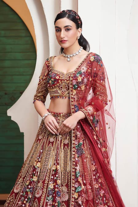 Buy_Opus Atelier_Red Tulle, Net Embroidery, Beads, Sequins, Zari Dilara Bridal Lehenga Set _Online_at_Aza_Fashions