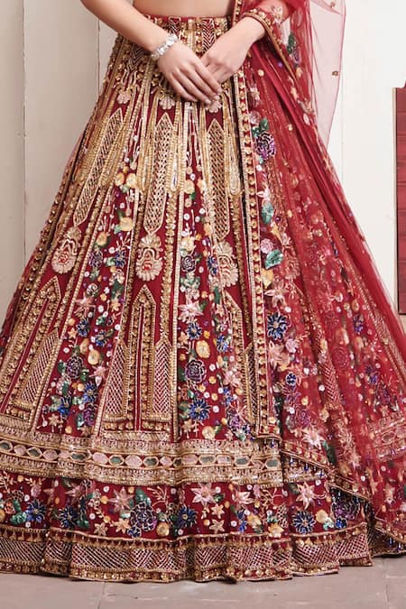 Shop_Opus Atelier_Red Tulle, Net Embroidery, Beads, Sequins, Zari Dilara Bridal Lehenga Set _Online_at_Aza_Fashions
