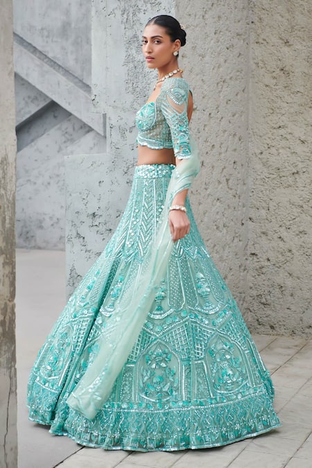 Buy_Opus Atelier_Aqua Tulle, Satin, Net Embroidery, Sequins Turquoise Celeste Lehenga Set _Online_at_Aza_Fashions
