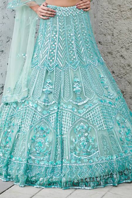 Shop_Opus Atelier_Aqua Tulle, Satin, Net Embroidery, Sequins Turquoise Celeste Lehenga Set _Online_at_Aza_Fashions