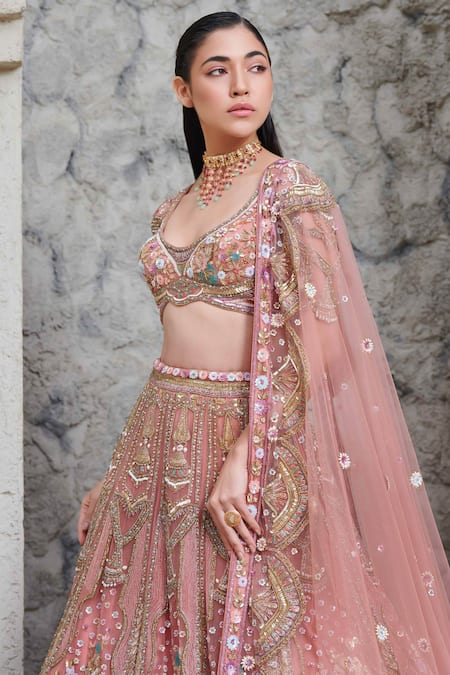 Opus Atelier_Peach Tulle, Net Sequins, Beads, Metallic And Gold Shahnaz Bridal Lehenga Set _Online_at_Aza_Fashions