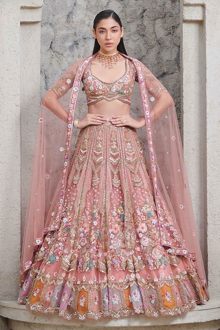 Buy_Opus Atelier_Peach Tulle, Net Sequins, Beads, Metallic And Gold Shahnaz Bridal Lehenga Set _Online_at_Aza_Fashions