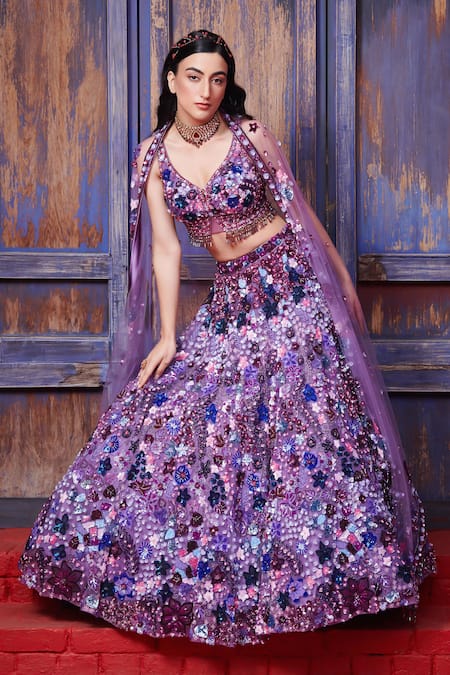 Shop Opus Atelier Purple Tulle, Net Sequins, Beads, Embroidery, Applique, Corsage Lehenga Set at Aza Fashions Shop_Opus Atelier_Purple Tulle, Net Sequins, Beads, Embroidery, Applique, Corsage Lehenga Set _at_Aza_Fashions