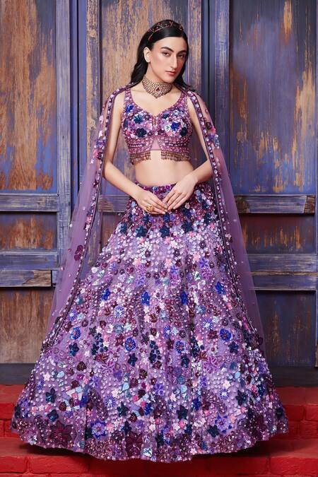Opus Atelier Purple Tulle, Net Sequins, Beads, Embroidery, Applique, Corsage Lehenga Set 