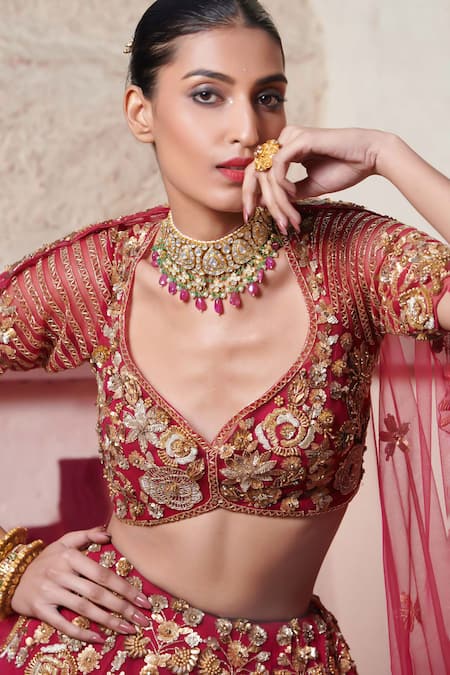 Opus Atelier_Magenta Tulle, Net Embroidery, Zari, Sequins, And Gold Bridal Lehenga Set _Online_at_Aza_Fashions