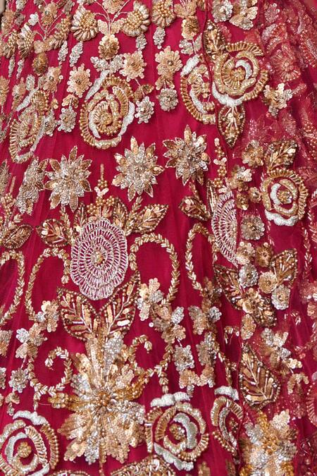 Buy_Opus Atelier_Magenta Tulle, Net Embroidery, Zari, Sequins, And Gold Bridal Lehenga Set _Online_at_Aza_Fashions
