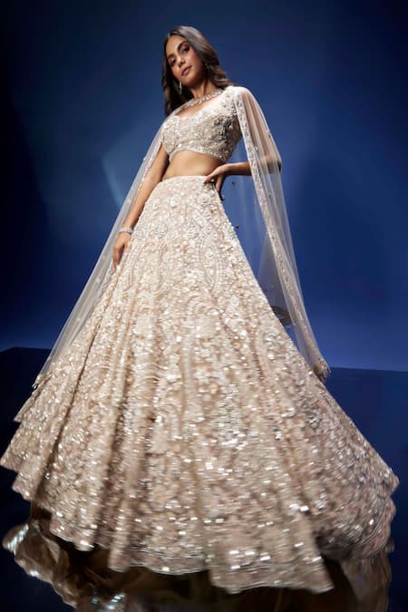 Opus Atelier_Beige Tulle, Net Sequins, Embroidery, Stones, Beads Light Seraphim Lehenga Set _Online_at_Aza_Fashions