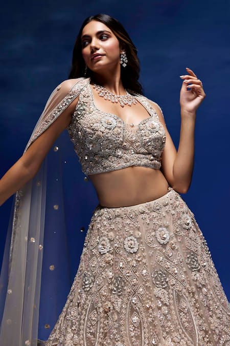 Buy_Opus Atelier_Beige Tulle, Net Sequins, Embroidery, Stones, Beads Light Seraphim Lehenga Set _Online_at_Aza_Fashions