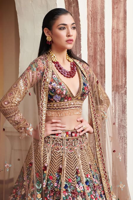 Opus Atelier_Gold Tulle, Net Embroidery, Sequins, Zari V-neck Bridal Lehenga Set _Online_at_Aza_Fashions