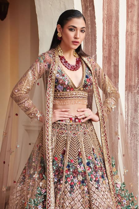 Buy_Opus Atelier_Gold Tulle, Net Embroidery, Sequins, Zari V-neck Bridal Lehenga Set _Online_at_Aza_Fashions