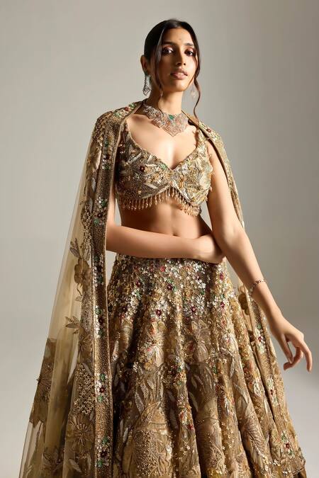Buy_Opus Atelier_Gold Net, Tulle Embroidery, Sequins, Zari, Stones, Vivanna Bridal Lehenga Set _Online_at_Aza_Fashions