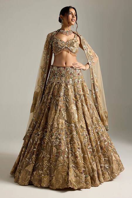 Shop_Opus Atelier_Gold Net, Tulle Embroidery, Sequins, Zari, Stones, Vivanna Bridal Lehenga Set _Online_at_Aza_Fashions